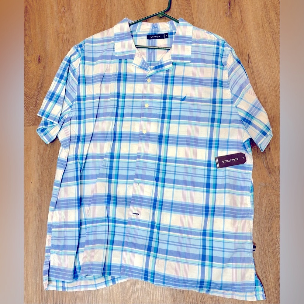 Nautica Men's Light Blue and White Plaid Shirt